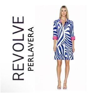 NWT Revolve x Perlavera Blue and White Clara Zebra-Print Button Down Shirt Dress